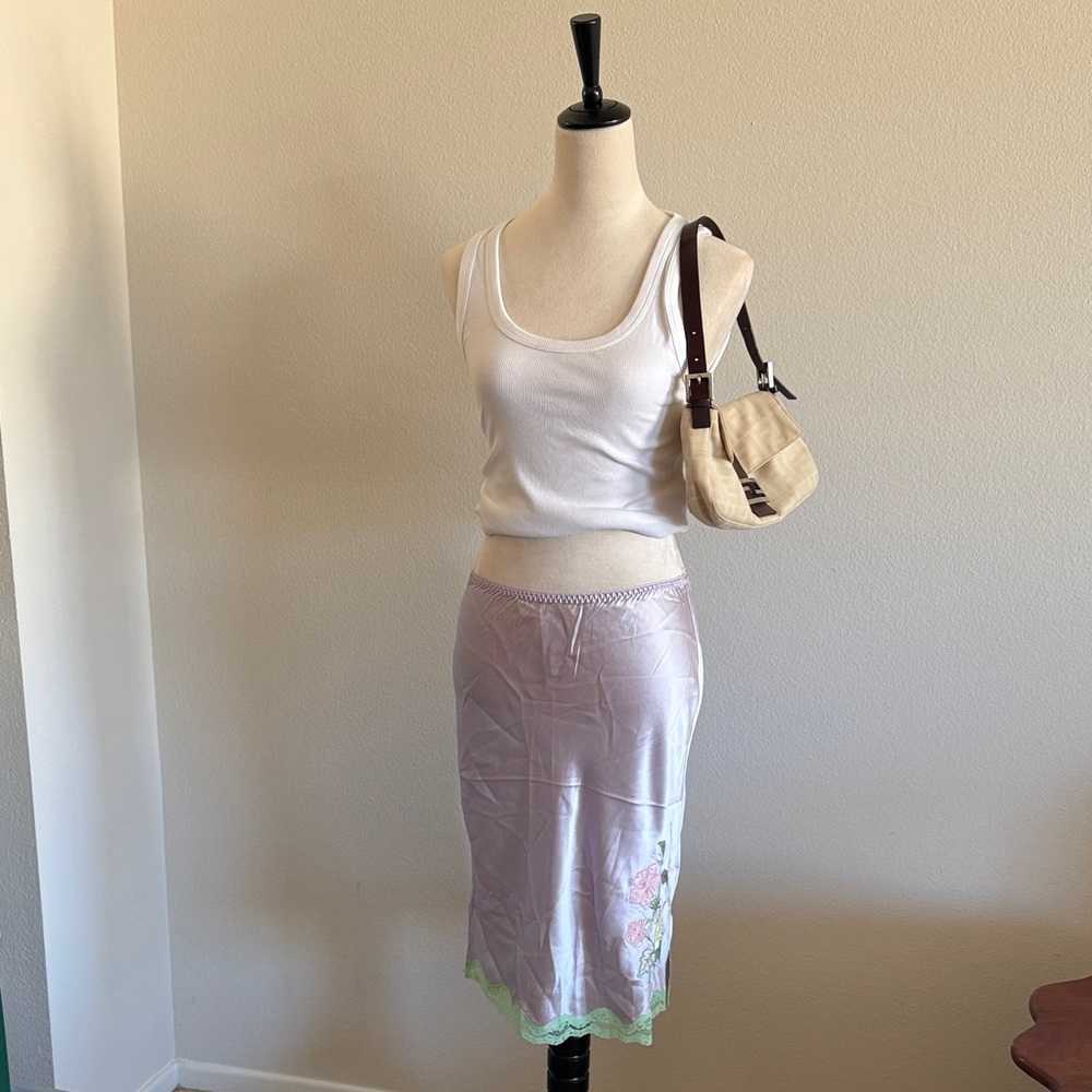 Lilac Floral-Trim Midi Slip Silk Skirt - Soft Satin Finish